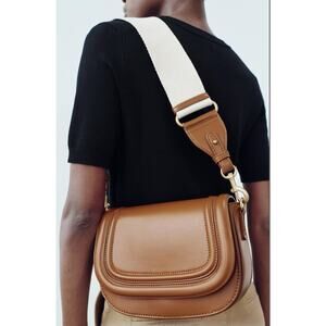 ZARA Brown Faux Leather Convertible Canvas Strap Shoulder Saddle Bag Purse
